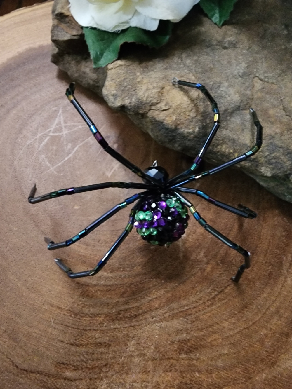 Hand Crafted Beaded Spider Ornament Festive Black with Purple & Green